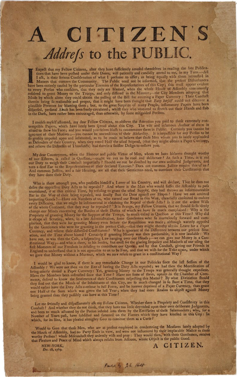 En borgers tale til offentligheden vedr. støtte til kongelige tropper, 18. december 1769 af American School