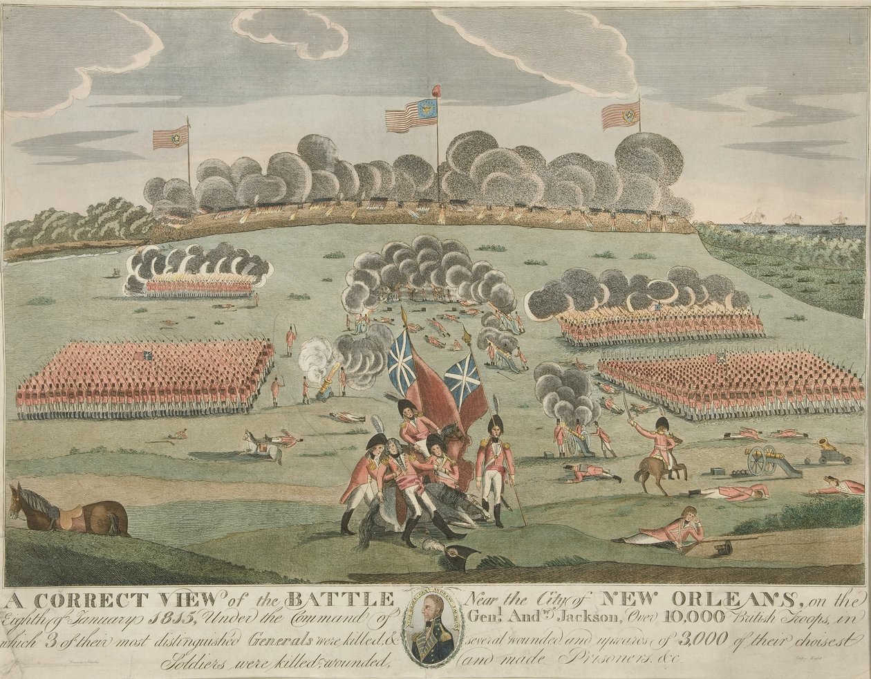 Et korrekt syn på slaget nær byen New Orleans, pub. ca. 1815 (håndfarvet gravering) af American School