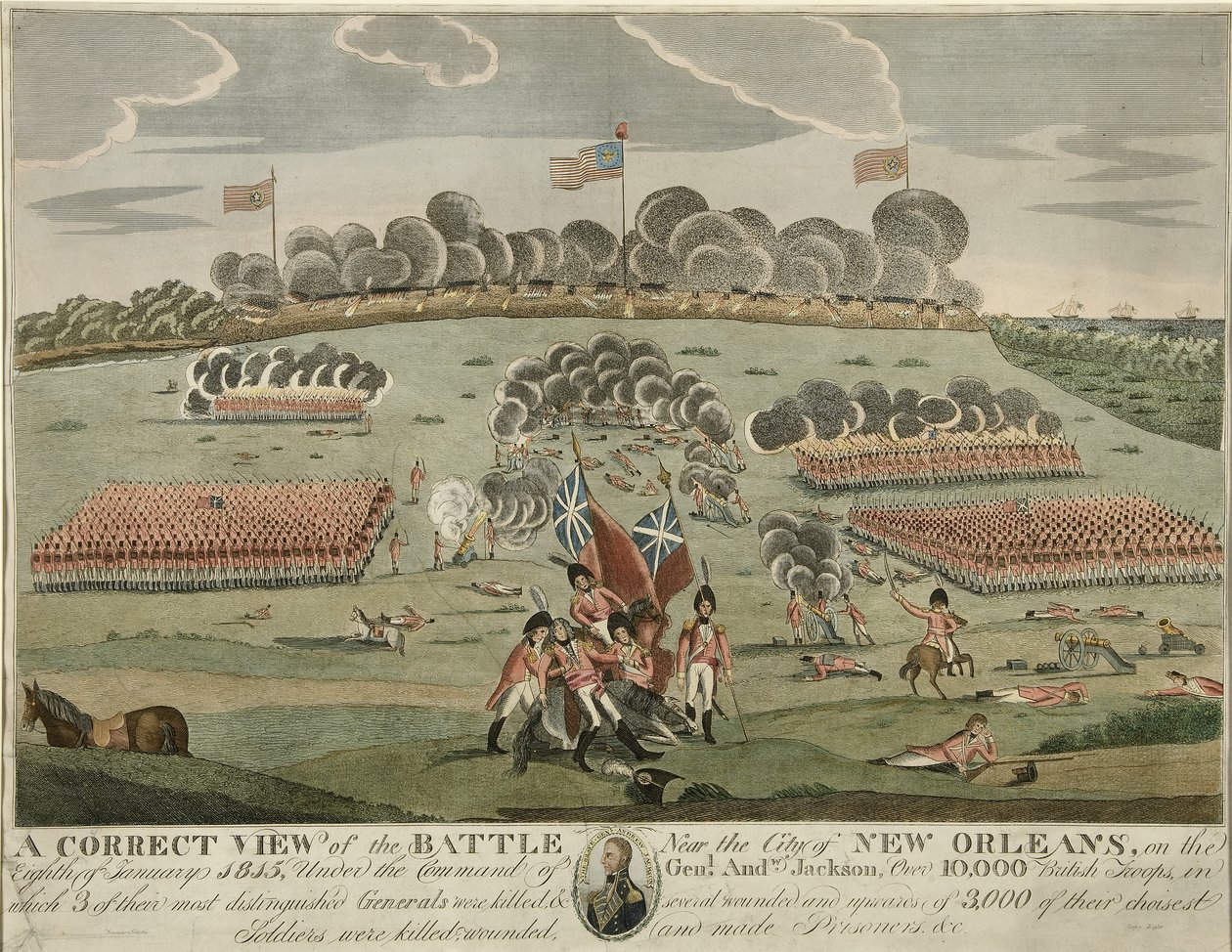 Et korrekt syn på slaget nær byen New Orleans, pub. ca. 1815 (håndfarvet gravering) af American School