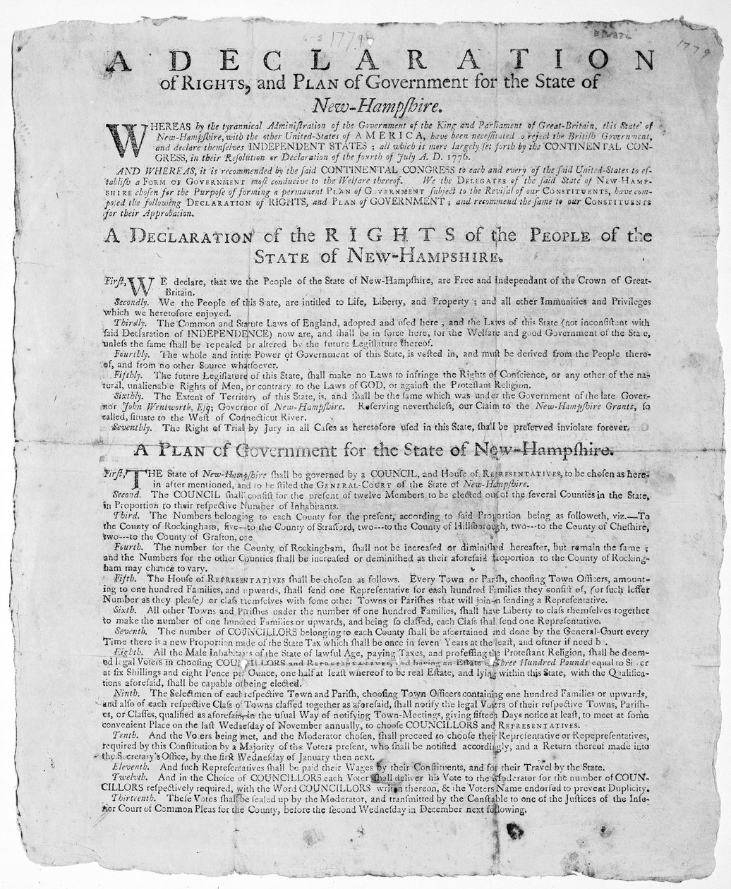 En erklæring om rettigheder og regeringsplan for staten New Hampshire, 1779 (tryk) af American School