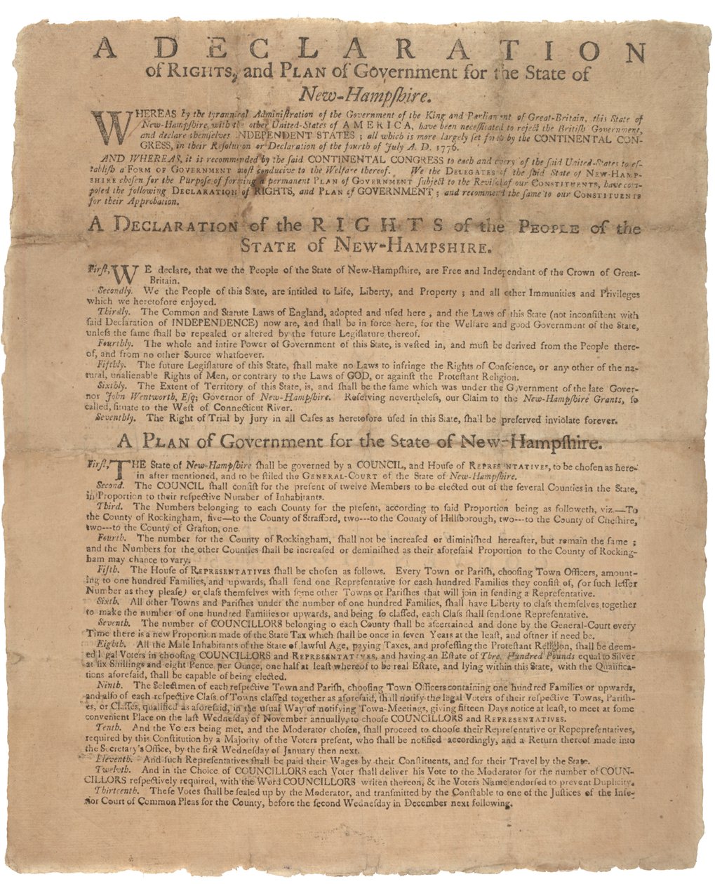 En erklæring om rettigheder og en bøn fra regeringen for staten New Hampshire, 1779 af American School
