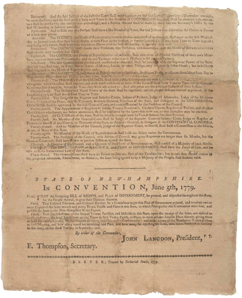En erklæring om rettigheder og en bøn fra regeringen for staten New Hampshire, 1779 af American School