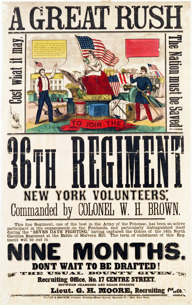 A Great Rush, rekrutteringsplakat for 36. Regiment, udgivet af Baker & Goodwin af American School