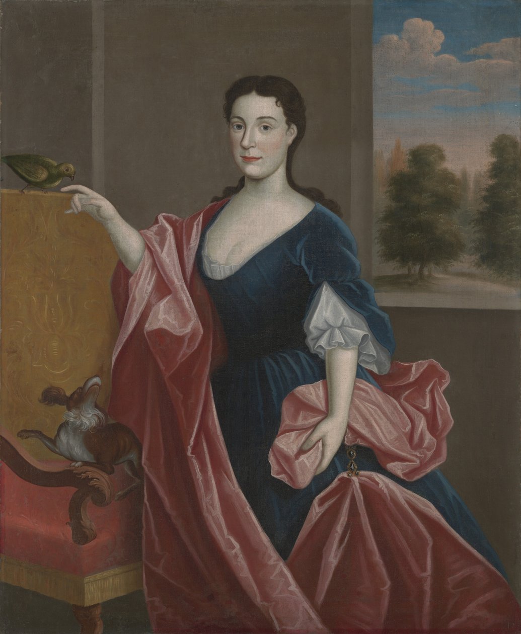 En Hudson Valley-dame med hund og papegøje, ca. 1720-30 af American School