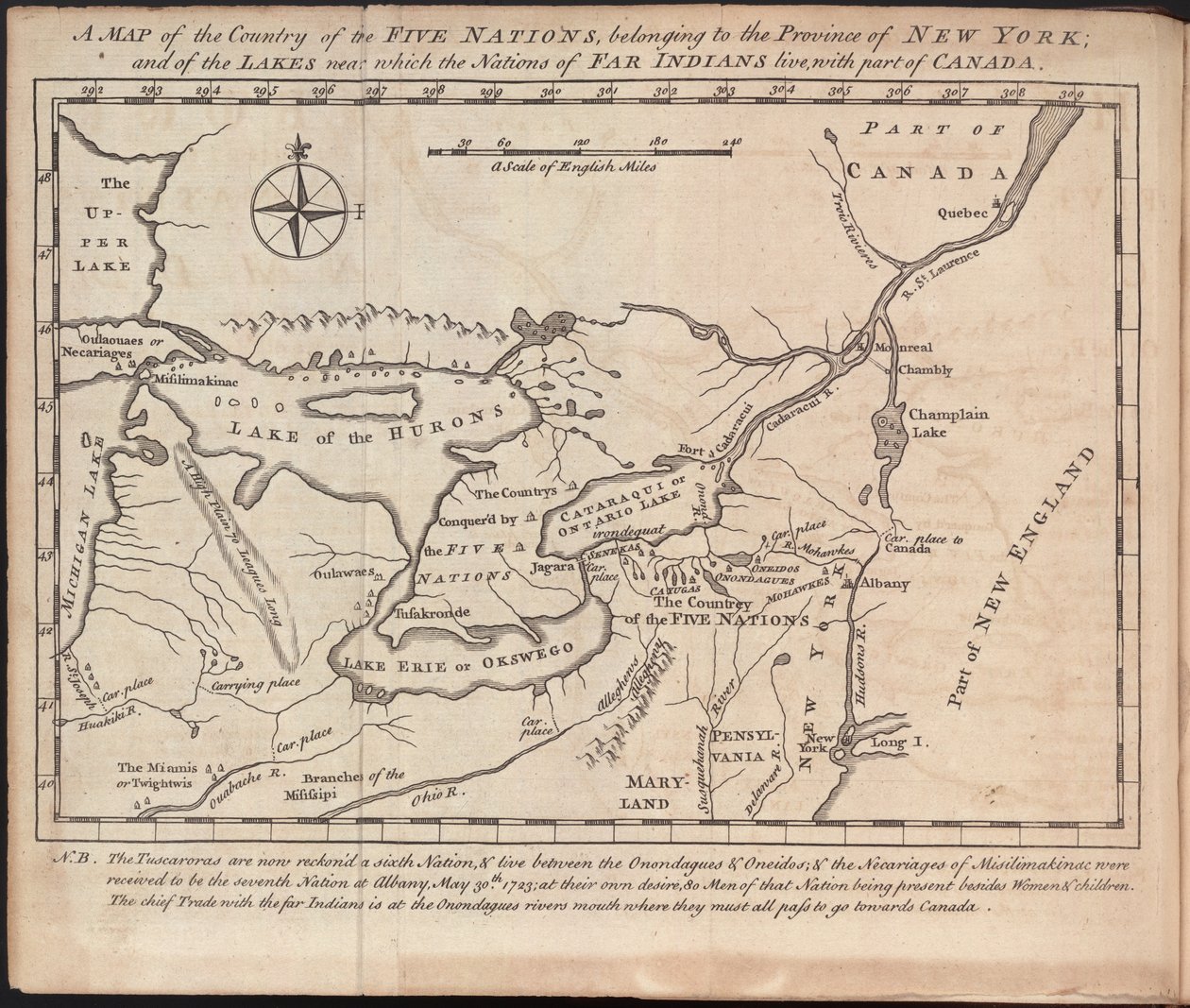 Et kort over de fem nationers land, der hører til provinsen New York, og over de søer, som de fjerne indianere bor i nærheden af, samt en del af Canada, af Cadwallader Colden af American School