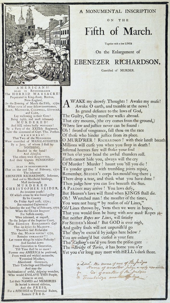 En monumental inskription den femte marts, 1772 (tryk) af American School