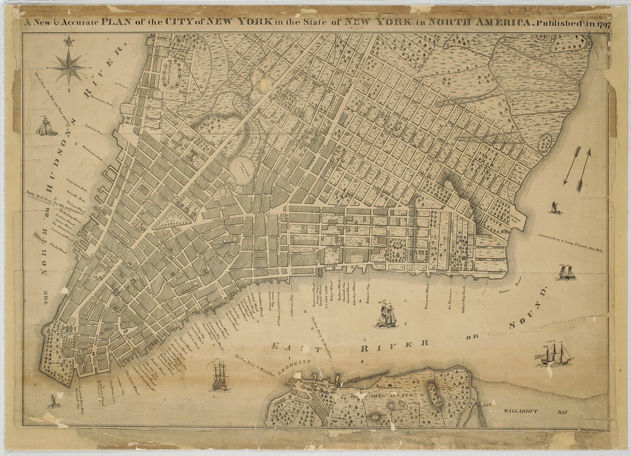 En ny og nøjagtig plan for byen New York i staten New York i Nordamerika, udgivet i 1797, 1797 (sort og farvet blæk på papir, bakket med klud) af American School