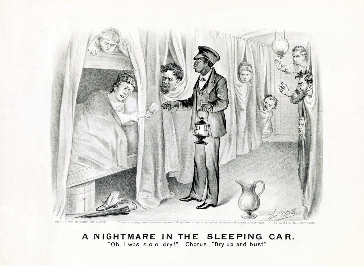 Et mareridt i sovevognen: Åh, jeg var s-o-o tør! Omkvæd: Dry up and bust., udgivet ca. 1875 (litho) af American School