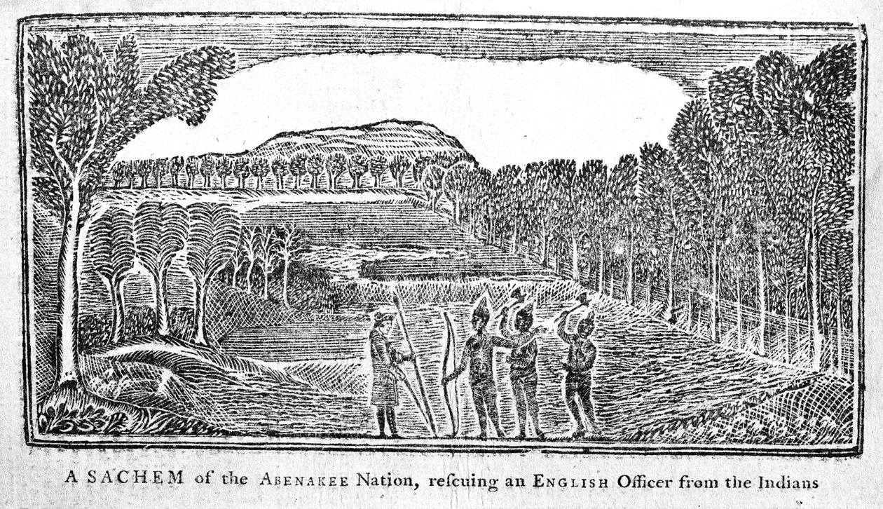 En Sachem fra Abenakee Nation, der redder en engelsk officer, illustration fra Bickerstaffs Boston Almanack, udgivet 1768 af American School