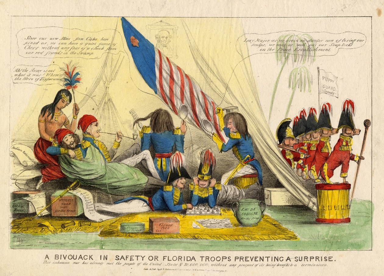 En bivuak i sikkerhed, eller Florida-tropper, der forhindrer en overraskelse, udgivet af H R Robinson, New York, ca. 1839 af American School