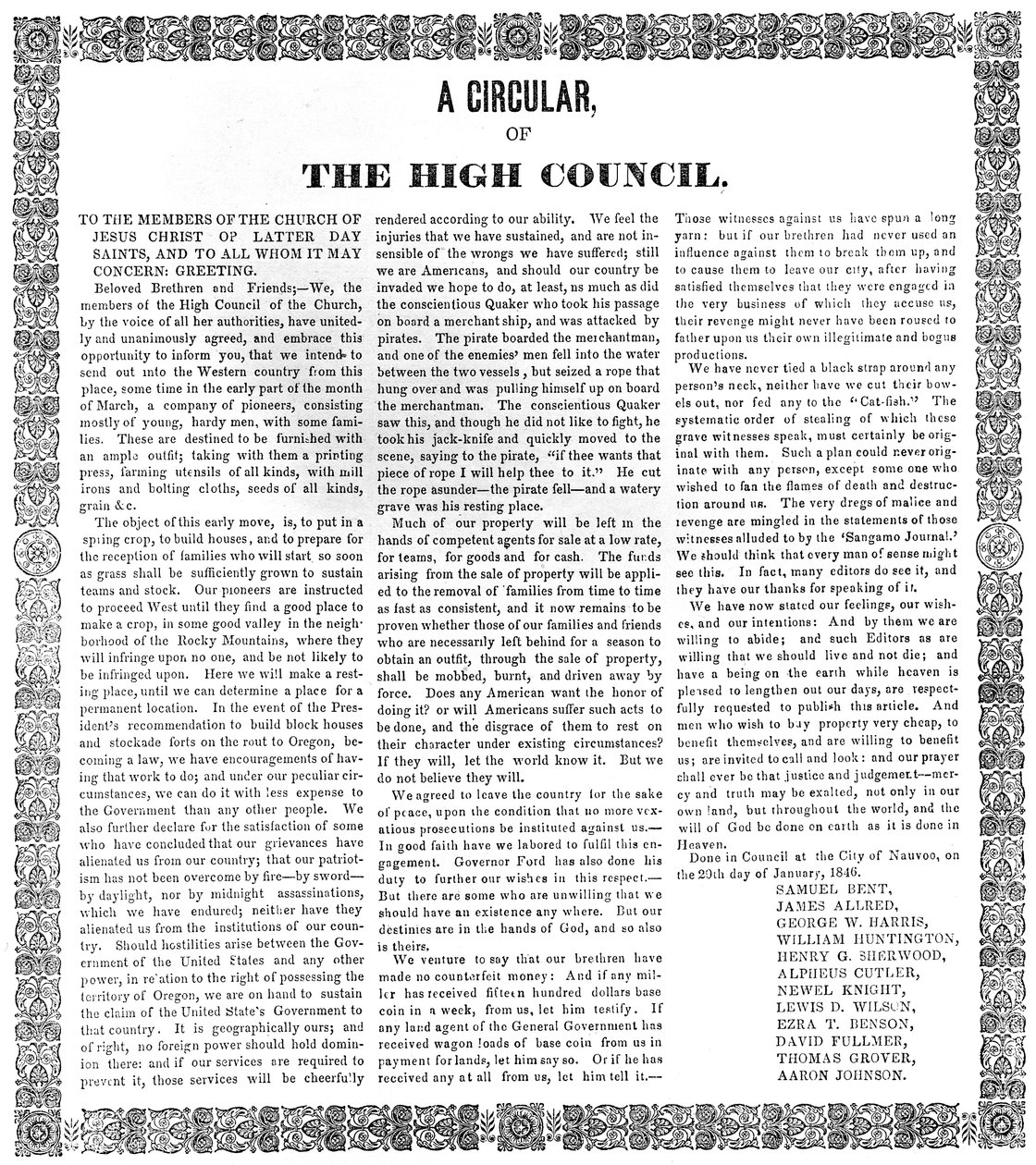 Et cirkulære fra Jesu Kristi Kirke af De Sidste Dages Helliges Høje Råd, 1846 (tryk) af American School