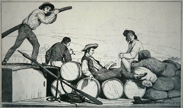 En fladbåd med last på Mississippi-floden, ca. 1840 (gravering) af American School