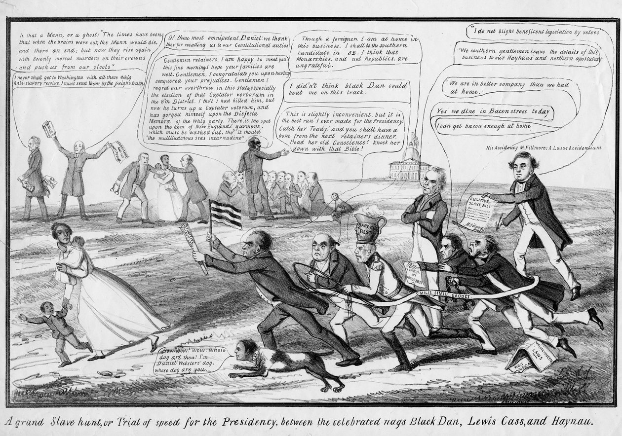 A grand slave hunt, or, Trial of speed for the presidency, between the celebrated nags Black Dan, Lewis Cass, and Haynau, published by T.C., New York, c.1852dani af American School