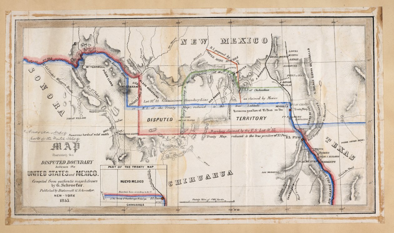 Et kort, der illustrerer den omstridte grænse mellem USA og Mexico af American School