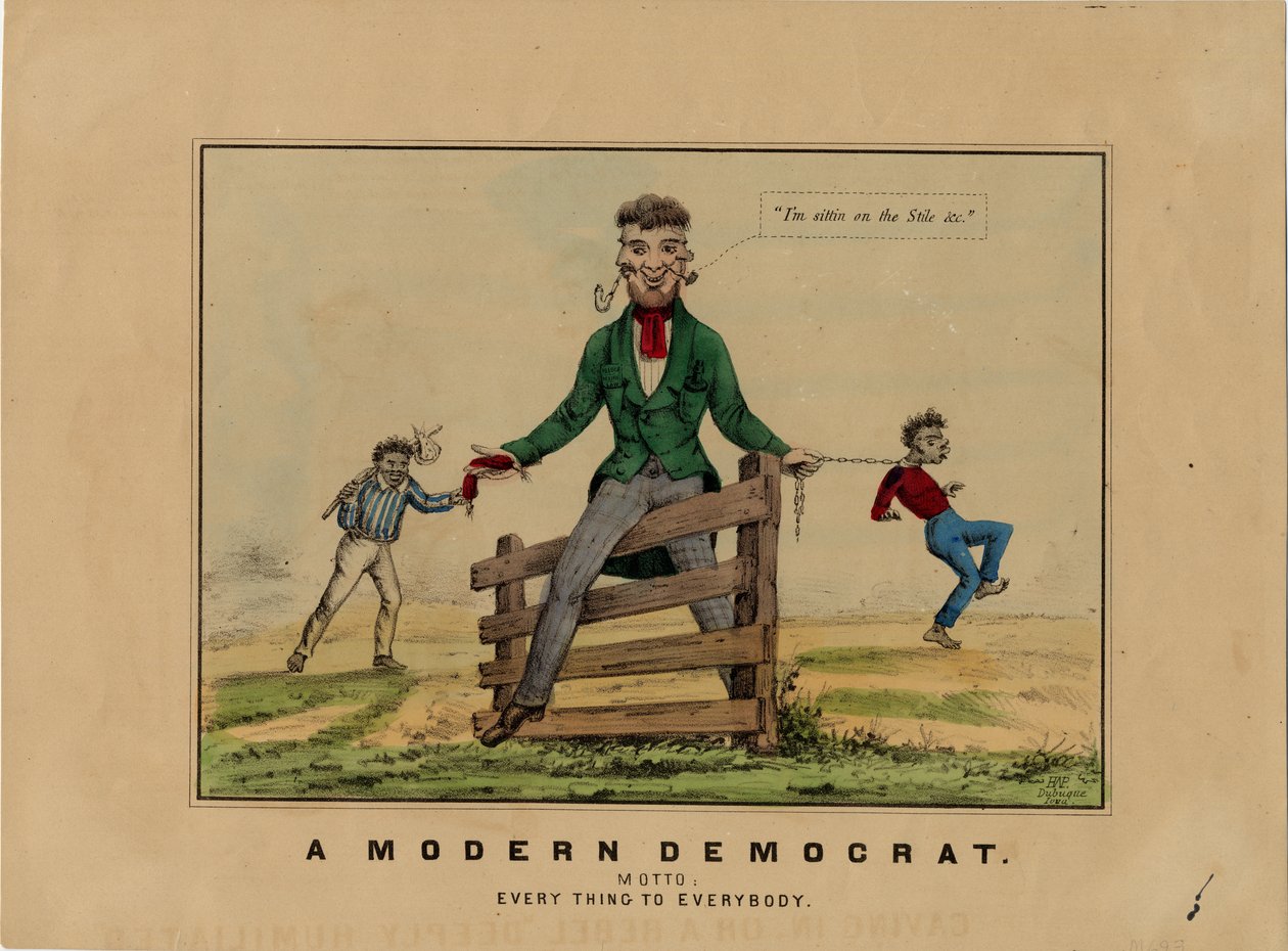 En moderne demokrat: motto: alt til alle, signeret på sten: HAP, udgivet i Dubuque, Iowa, ca. 1860 af American School