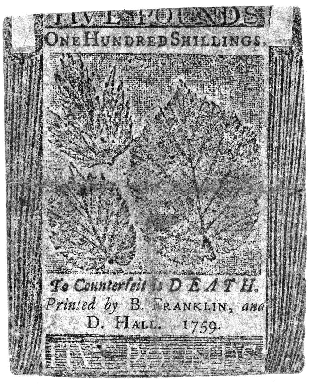 En hundrede shilling seddel trykt af B. Franklin og D. Hall, 1759 (tryk) af American School