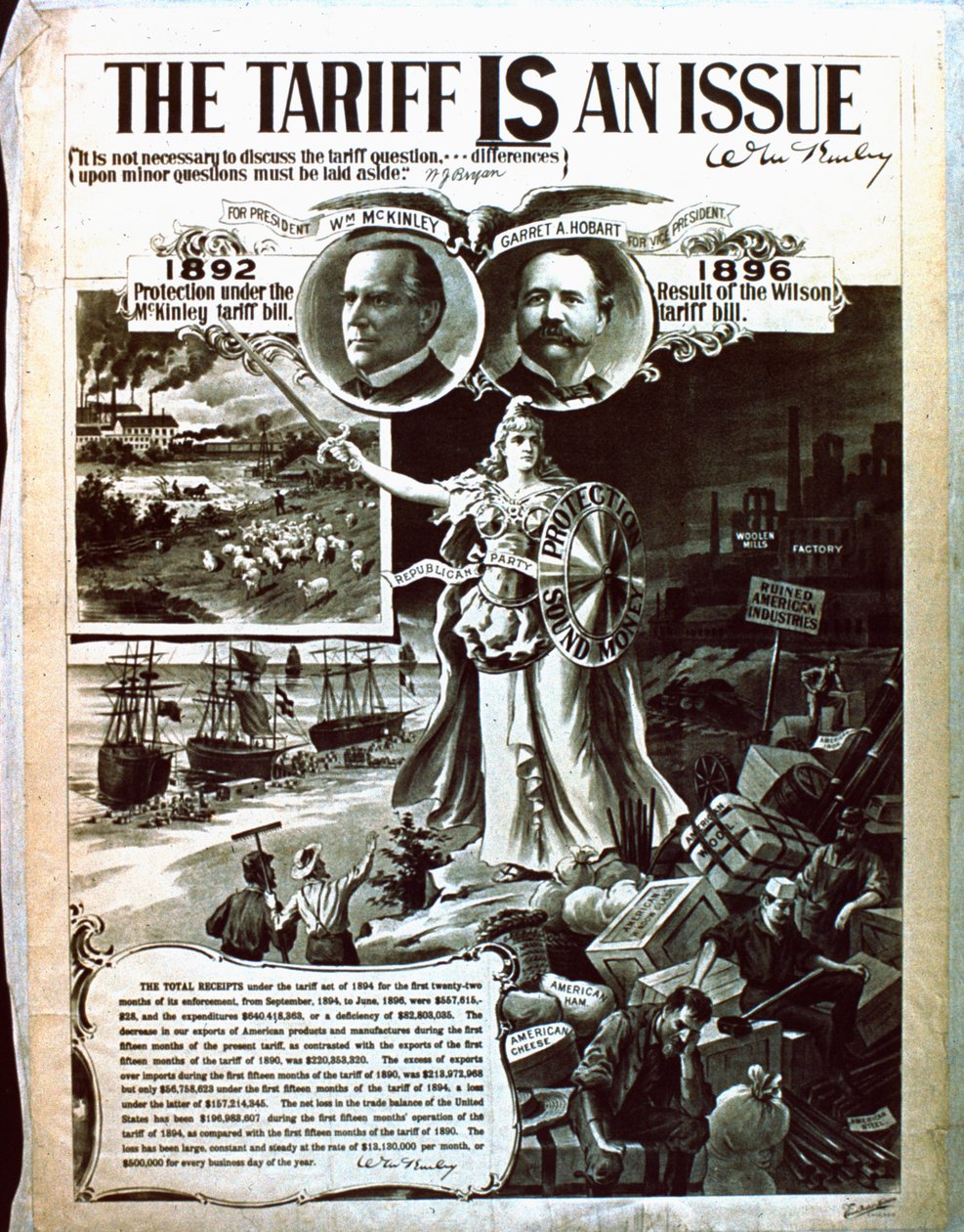 En politisk plakat, der advokerer McKinleys skattelov over Wilsons af American School