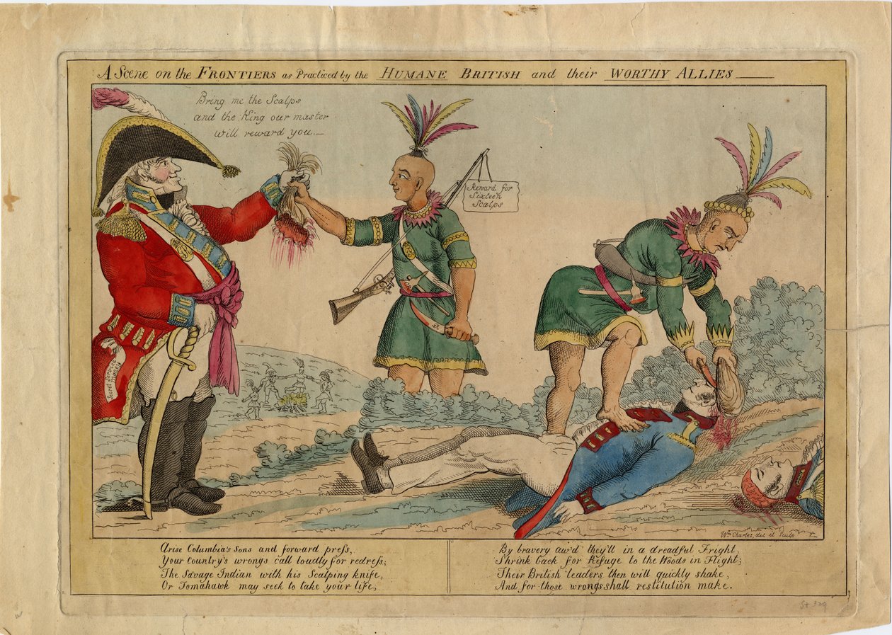 En scene ved grænserne som praktiseret af de humane briter og deres værdige allierede, ca. 1813 (håndfarvet radering) af American School