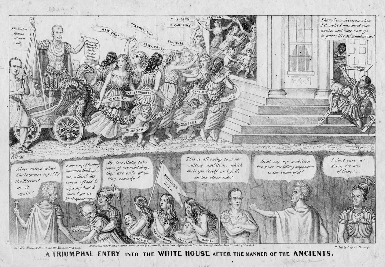 Et triumferende indtog i Det Hvide Hus efter de gamles maner, udgivet af A Donnelly, New York, 1844 af American School