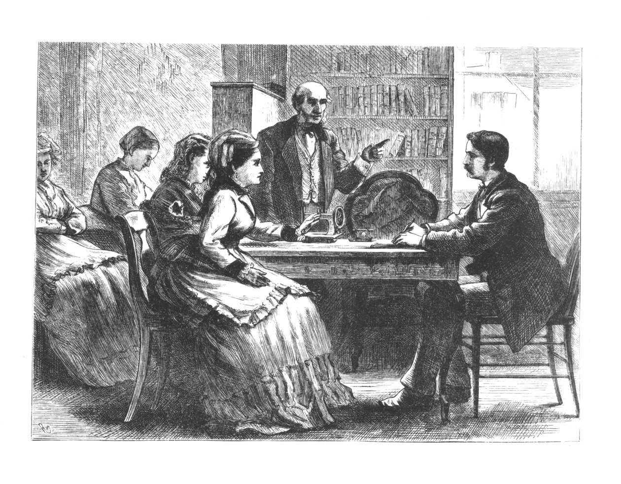 En kvinde forhandler med en fabriksleder, assisteret af en rådgiver fra Susan B. Anthonys nye Working Womens Protective Association, 1860