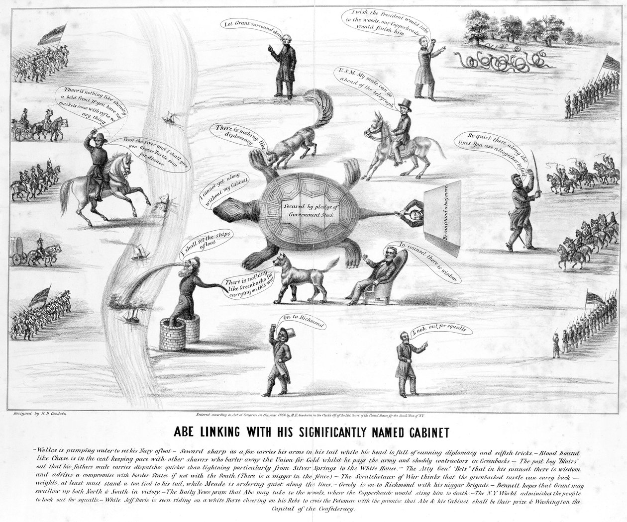 Abe Linking with his Significantly Named Cabinet, udgivet af M.E. Godwin i 1864 af American School