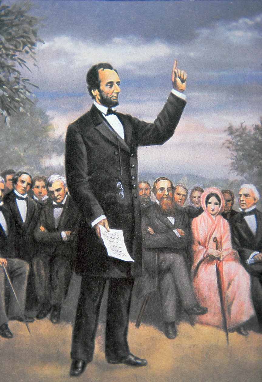 Abraham Lincoln (1809-65) holder Gettysburg-talen i Gettysburg, Pennsylvania, november 1863 (farve litho) af American School