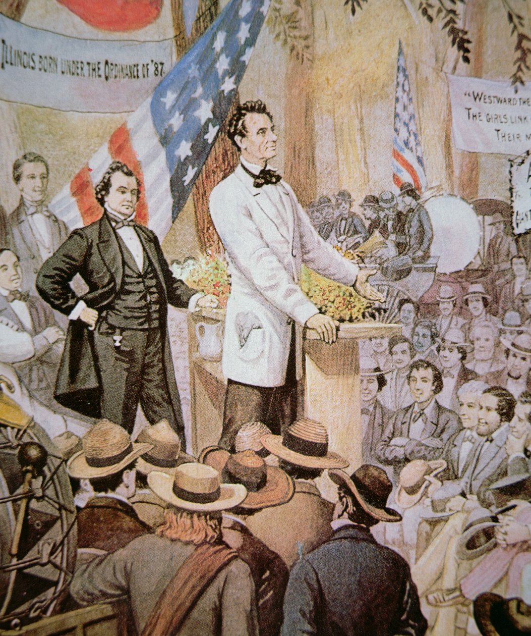 Abraham Lincoln (1809-65) i offentlig debat med Stephen A. Douglas (1813-61) i Illinois af American School