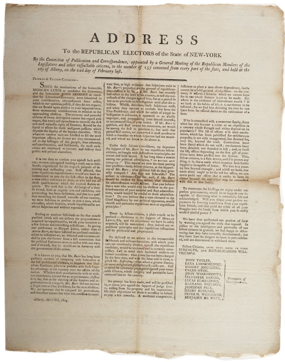 Tale til de republikanske vælgere i staten New York, 6. april 1804 af American School