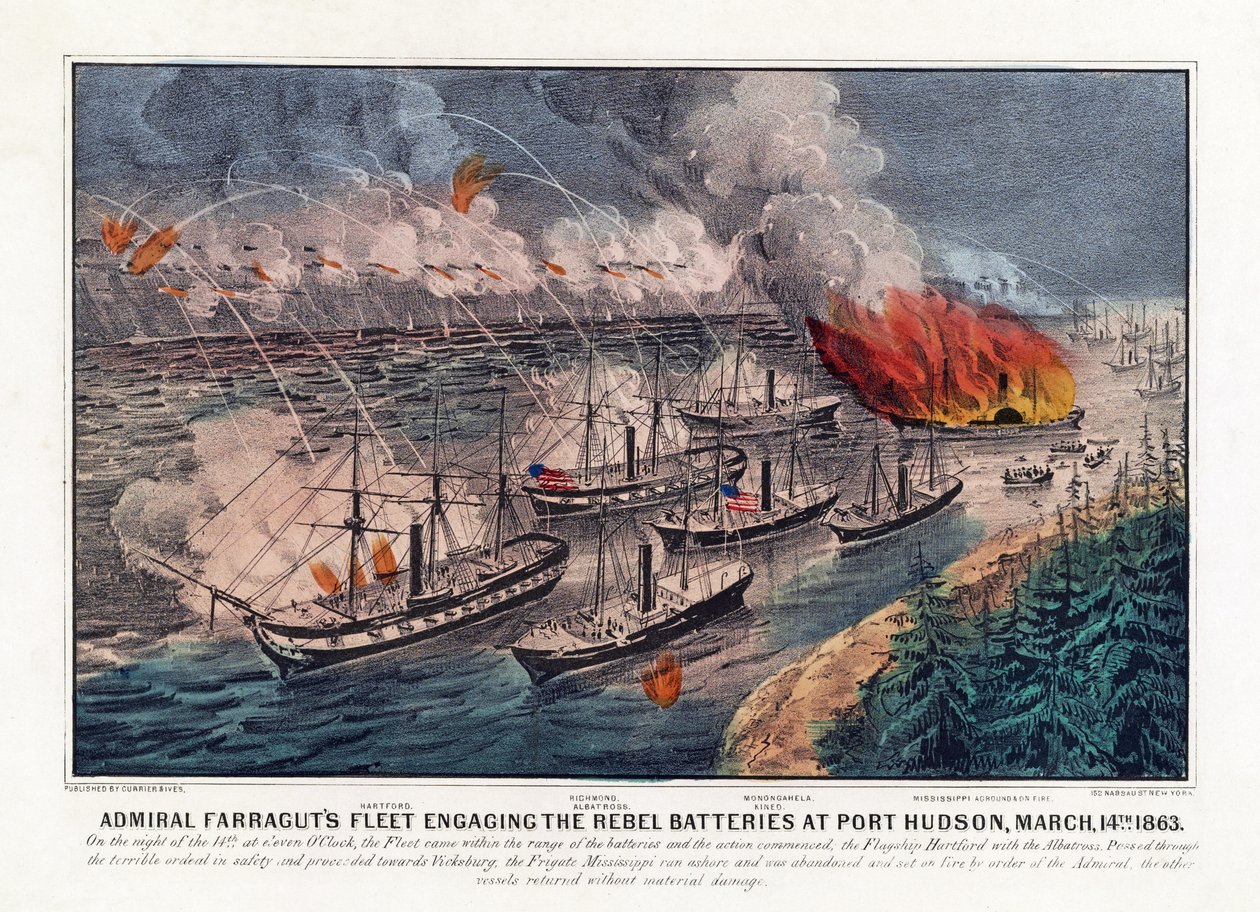 Admiral Farraguts flåde engagerer rebelbatterierne i Port Hudson, 14. marts af American School