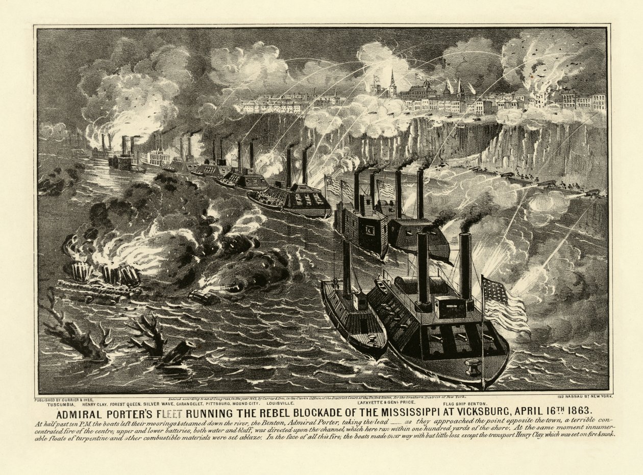 Admiral Porters flåde, der kører oprørsblokaden af Mississippi i Vicksburg, 16. april 1863, pub. 1863 (gravering) af American School