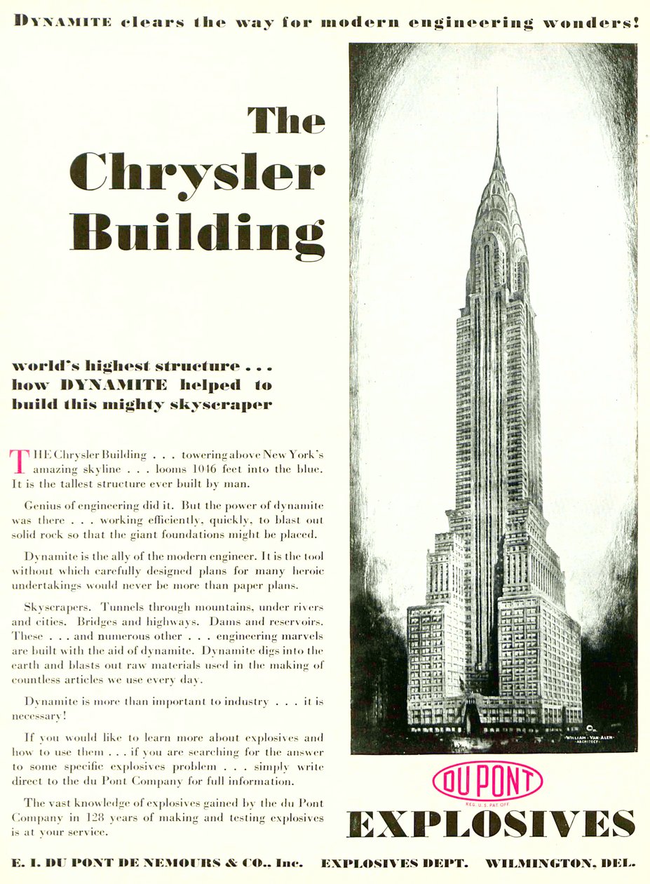 Annonce med The Chrysler Building, fra DuPont Magazine, maj 1930 af American School