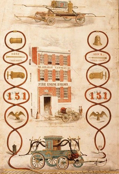 Annonce for Abraham Vanness, brandbilbygger og producent af brandslukningsudstyr, pub. af Geo. G. Gratacap, New York, ca. 1850 (litho) af American School