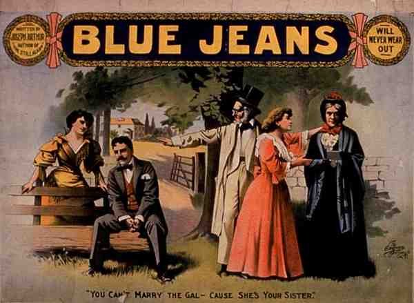 Reklame for "Blue Jeans", skrevet af Joseph Arthur (farvelitografi) af American School