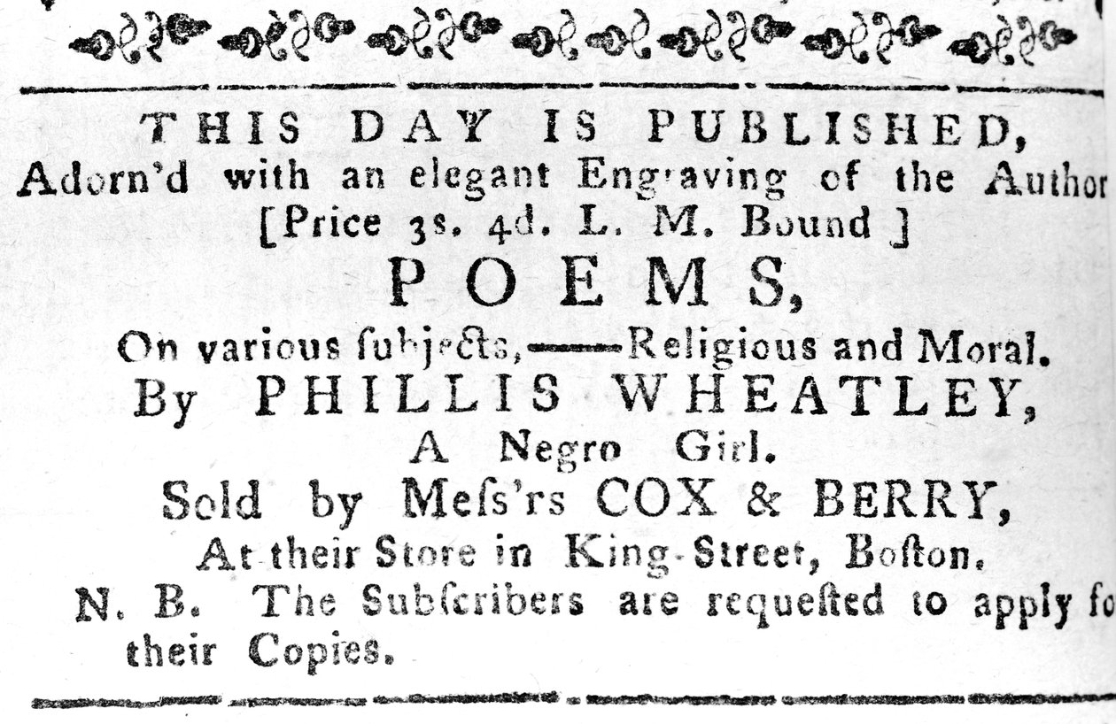 Annonce for Phillis Wheatleys første bog, fra Boston Gazette, 7. februar, 1774 (avispapir) af American School
