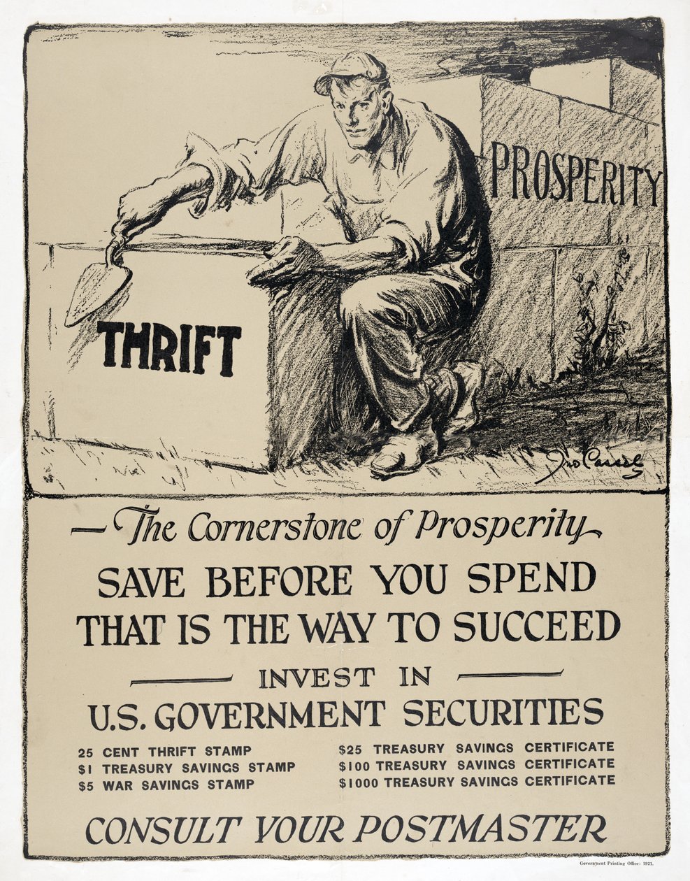 Annonce for amerikanske statsobligationer, "The Cornerstone of Prosperity", pub.1921 (litografi) af American School
