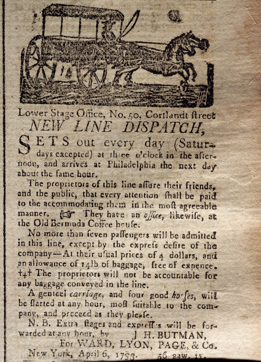 Annonce for New Line Dispatch, fra The New York Journal & Patriotic Register, 6. april, 1793 (print) af American School