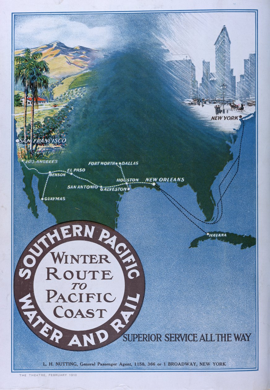 Annonce for Winter Route to Pacific Coast of Southern Pacific Water and Rail, fra Theatre magazine, 1910 af American School
