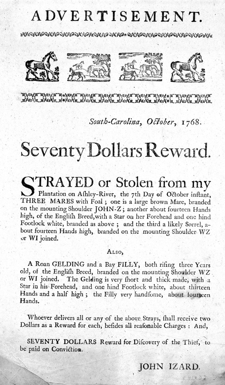 Annonce, der tilbyder en belønning for halvfjerds dollars for inddrivelse af forvildede (eller stjålne) heste og tilfangetagelse af tyven, udgivet i South Carolina, 1768 (print) af American School