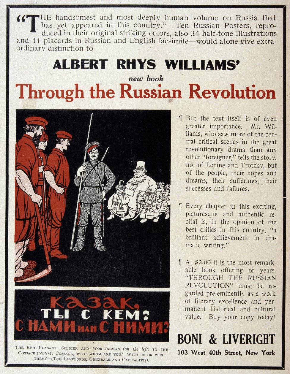 Annoncering for salget af bogen ""Den russiske revolution"" af Albert Rhys Williams i et amerikansk magasin af American School