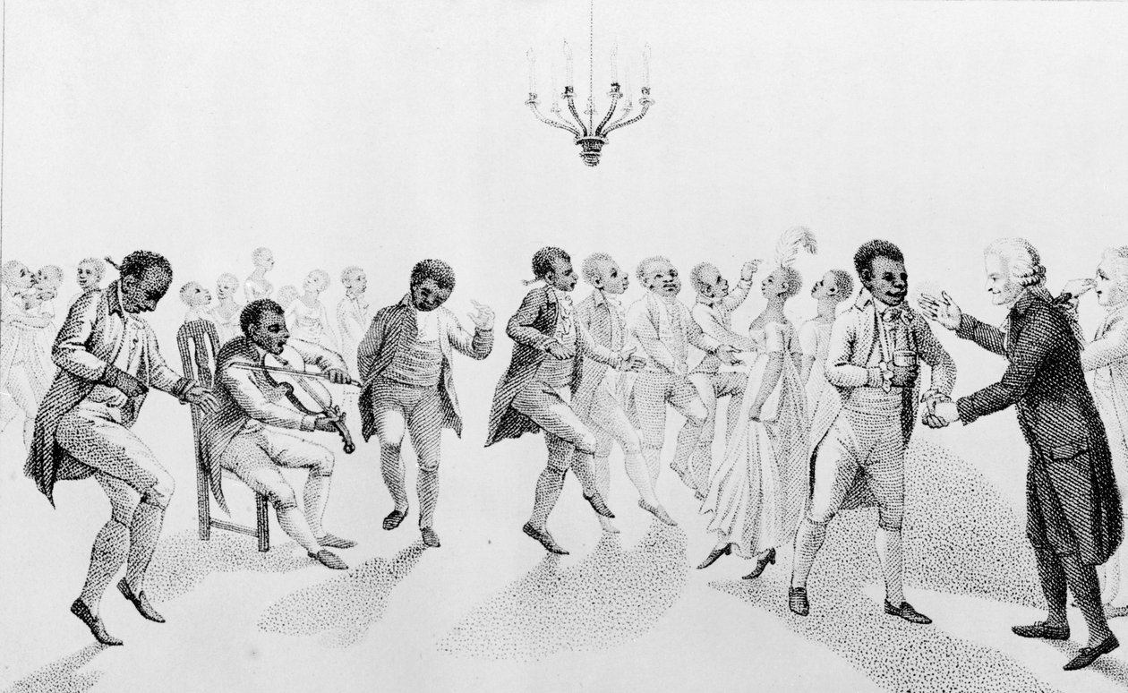 Afroamerikanere til bal med guvernør John Hancock (1737-93) fra The Echo, med andre digte af Richard Alsop (1761-1815) 1807 af American School