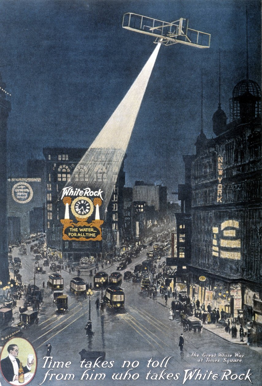 Alkoholreklame "" White Rock"": Et fly, der oplyser "White Rock"-plakaten, der hænger på en bygning på Times Square i New York. 1912. af American School