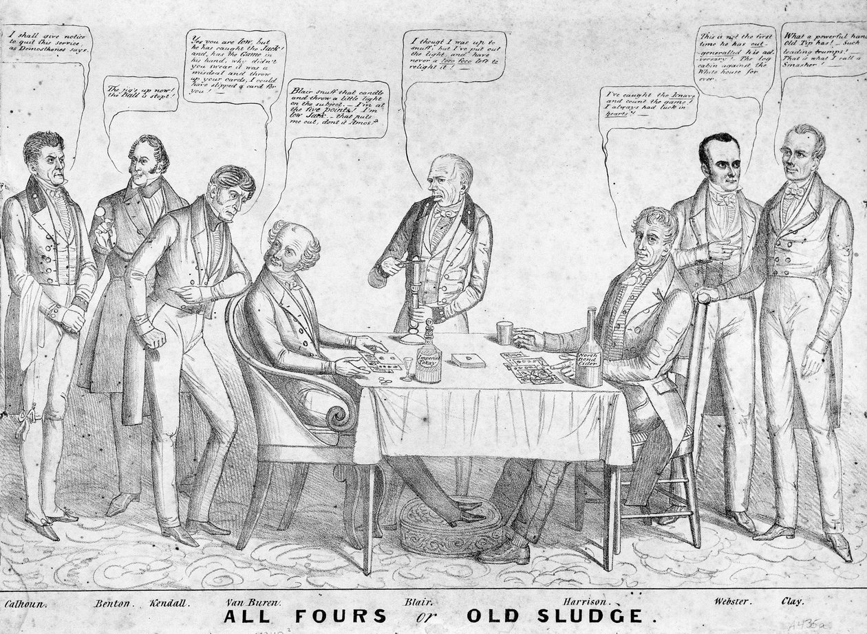 All Fours or Old Sludge, politisk tegneserie, der skildrer præsident Martin Van Buren (1782-1862), der spiller kort mod William Henry Harrison (1773-1841) blandt andre statsmænd og politikere, 1836 (litho) af American School