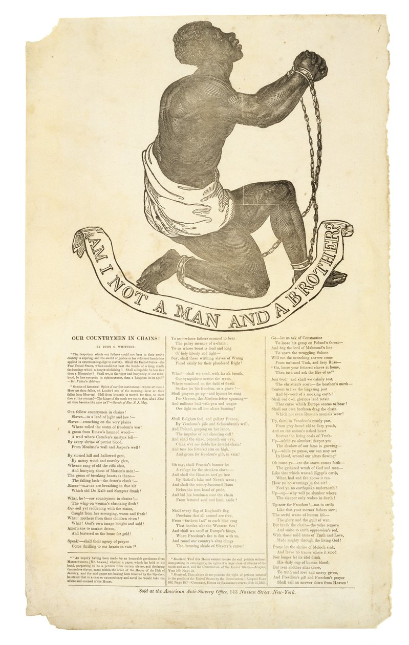 Er jeg ikke en mand og en bror?, ca. 1837 (trægravering på vævet papir) af American School