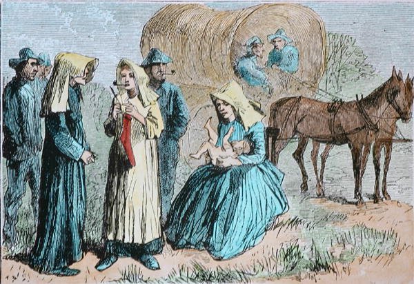 American Wagon Train Pioneers, ca. 1860 (farvet gravering) af American School
