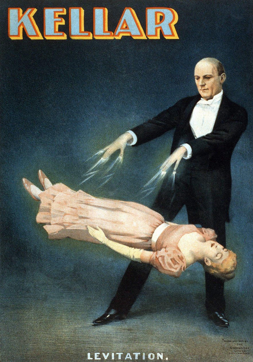 Amerikansk plakat for showet af tryllekunstneren Harry Kellar (1849 - 1922): "" Levitation"" af American School