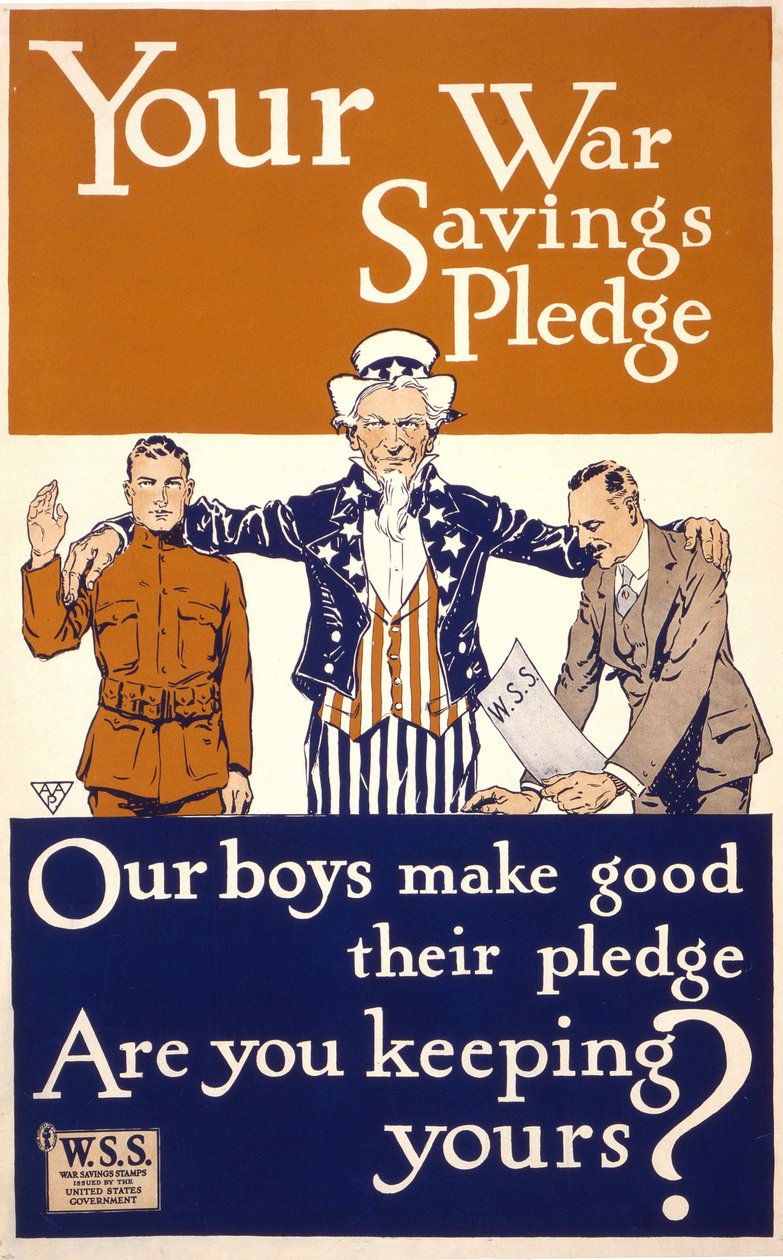 Amerikansk plakat for at opmuntre til engagement i hæren: "" Dit løfte om krigsbesparelser - Vores drenge opfylder deres løfte. Beholder du din? redigeret af den amerikanske regering. 1917 af American School