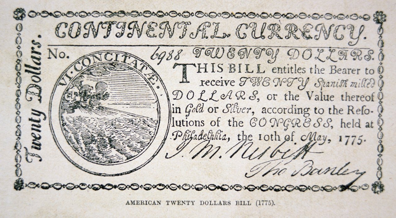 Amerikansk tyve dollarseddel fra 1775 (litho) af American School