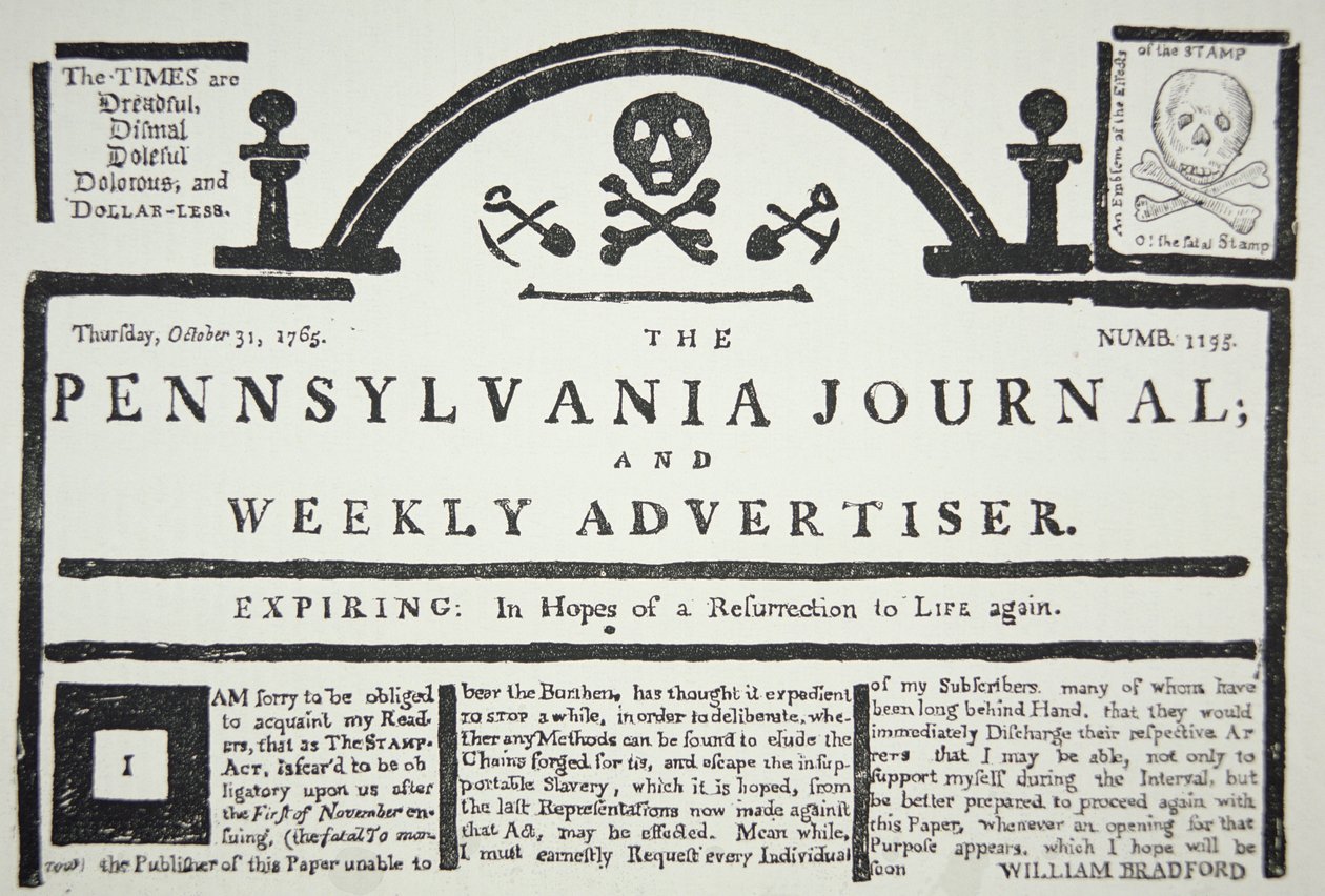 Et amerikansk svar på den britisk pålagte Stamp Act, pub. i The Pennsylvania Journal and Weekly Advertiser den 31. oktober 1765 (avispapir) af American School