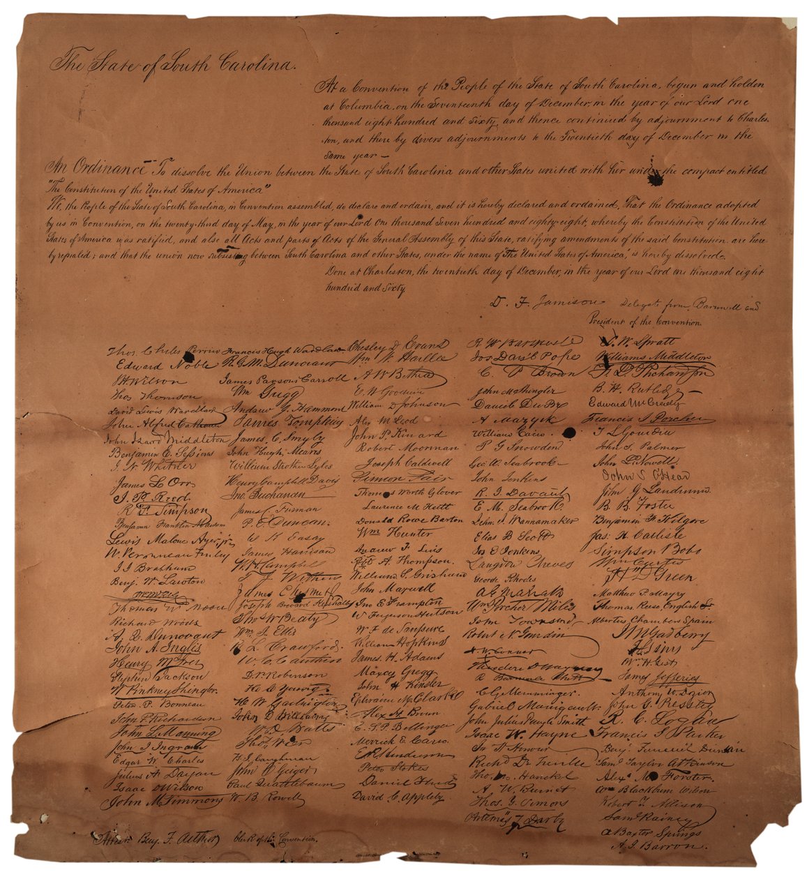 En forordning om at opløse Unionen mellem staten South Carolina, 20. december 1860, trykt 1861 af American School