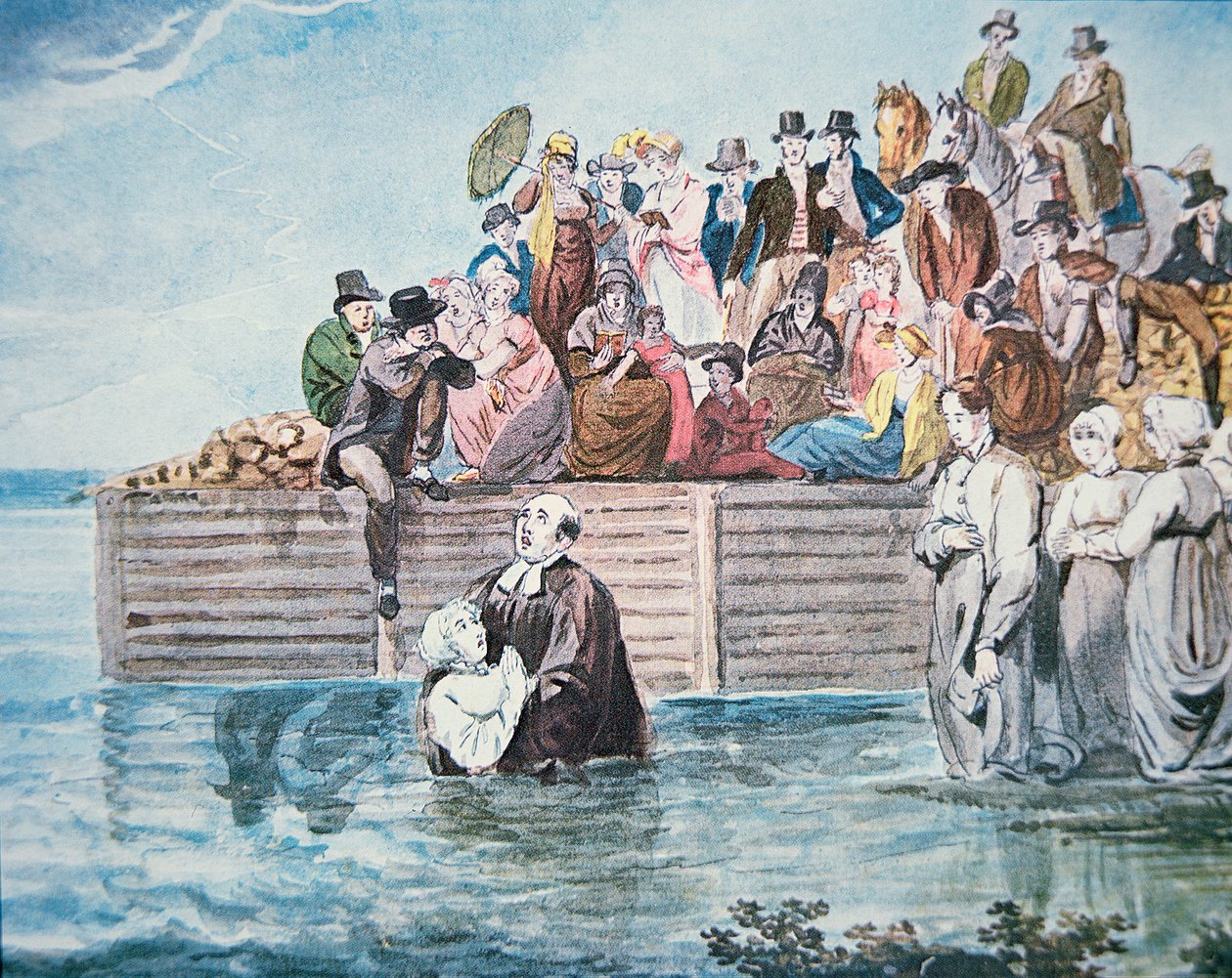 Anabaptister i Philadelphia er vidne til en fuld nedsænkningsdåb i en flod (farve litho) af American School